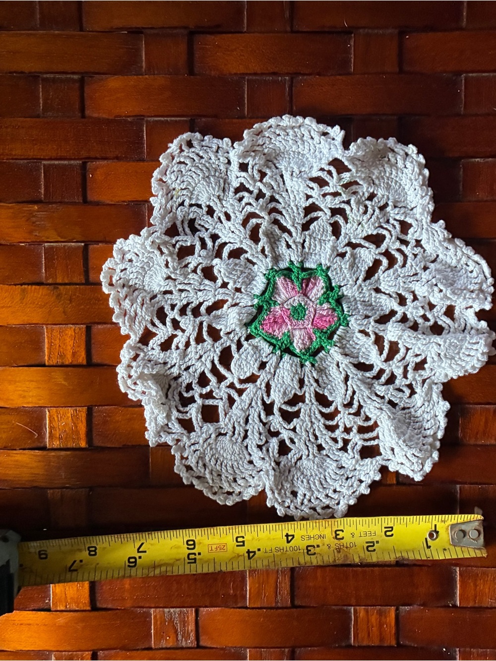 Vintage Handmade Crochet Doily 8" White Mat with Pink & Green Floral Center